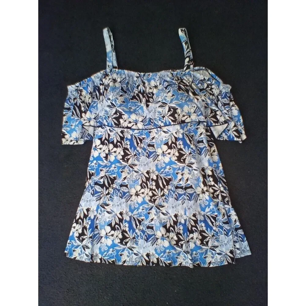 Fit 4 U  Women's Bathing Suit Swimdress Size 20W Tiered Floral Blue Black